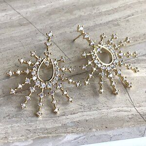 NEW~ Anthropologie Crystal Studded Sunburst Gold Statement Earrings